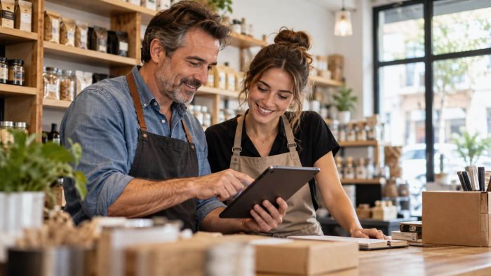 Padre e hija trabajando juntos en un comercio familiar, ejemplo de autónomo colaborador en España.