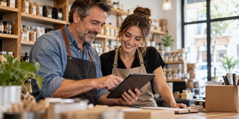 Padre e hija trabajando juntos en un comercio familiar, ejemplo de autónomo colaborador en España.