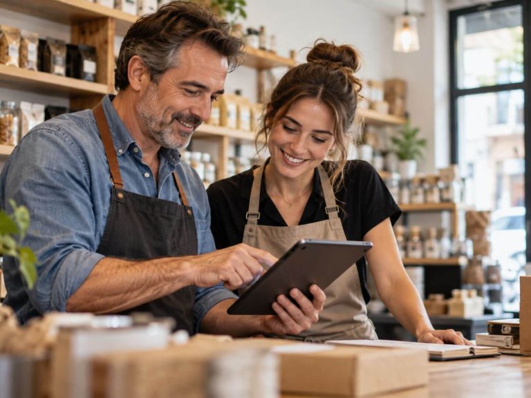 autonomo-colaborador-negocio-familiar Padre e hija trabajando juntos en un comercio familiar, ejemplo de autónomo colaborador en España.
